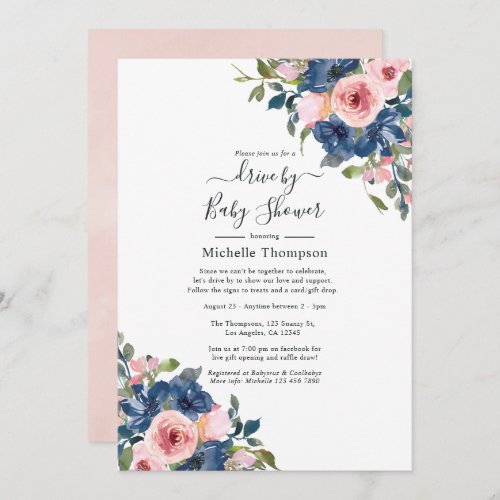 Navy and Blush Floral Drive By Shower Invitation