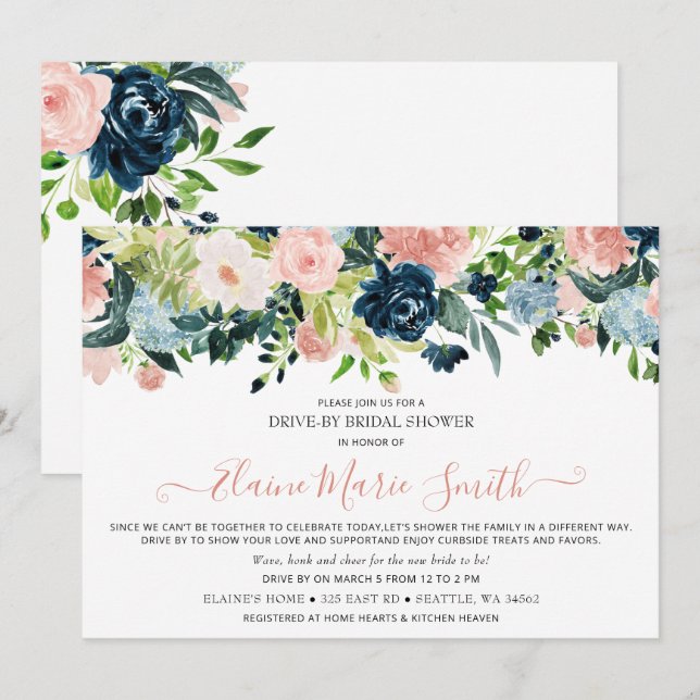 Navy and Blush Floral Drive Thru Bridal Shower Invitation (Front/Back)