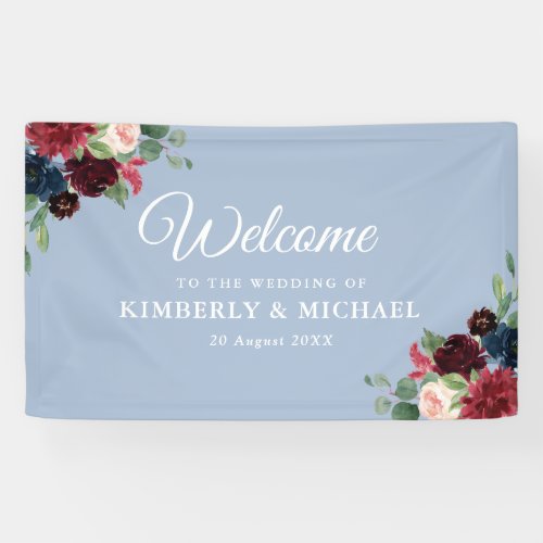 navy and blush floral dusty blue welcome wedding banner