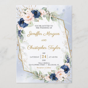 Navy and Blush Floral Eucalyptus Faux Gold Wedding Invitation