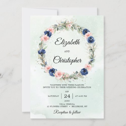 Navy and Blush Floral Eucalyptus Wreath Wedding Invitation