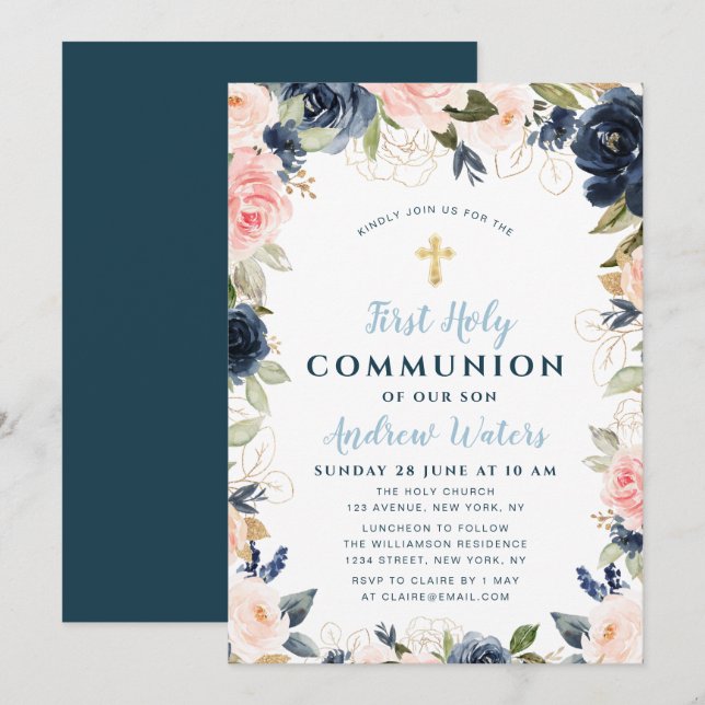 navy and blush floral first holy communion invitation (Front/Back)