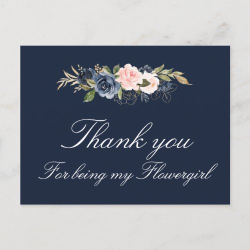 navy and blush floral flowergirl thank you card