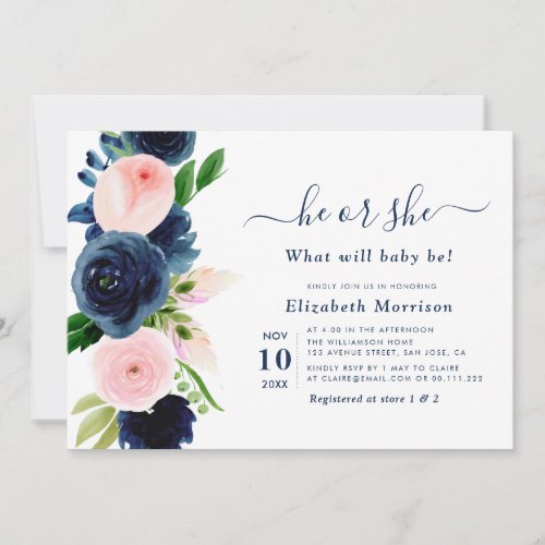 navy and blush floral gender reveal invitation