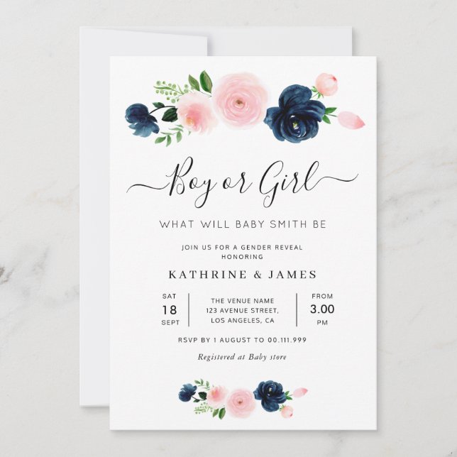 navy and blush floral gender reveal invitation (Front)