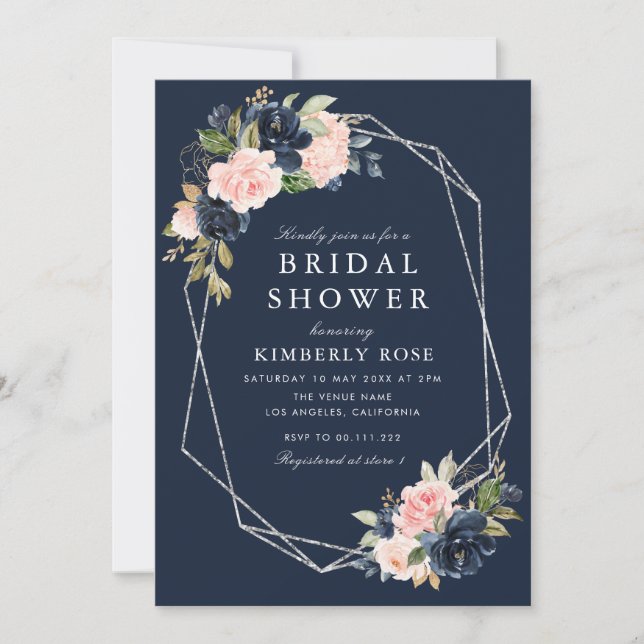 Navy and blush floral geometric silver invitation (Front)
