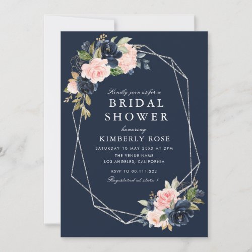 Navy and blush floral geometric silver invitation