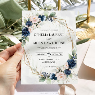 Navy and Blush Floral Geometric Wedding Invitation