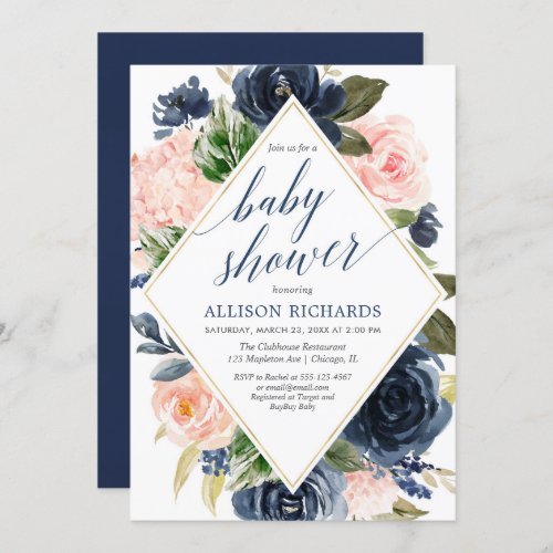Navy and blush floral girl baby shower invitation