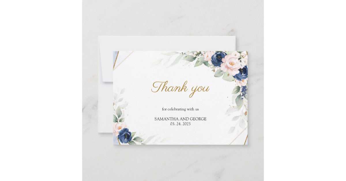 Navy and Blush Floral Gold Geometric Wedding Thank You Card | Zazzle