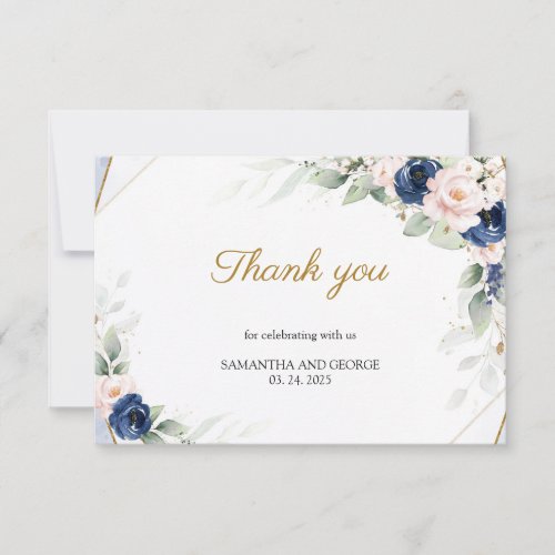 Navy and Blush Floral Gold Geometric Wedding Thank You Card