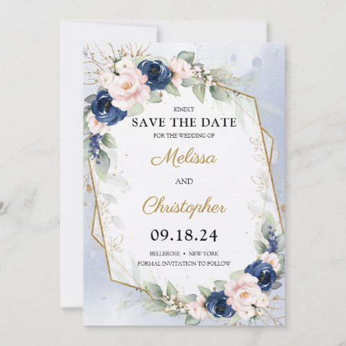 Navy and Blush Floral Greenery and Gold Frame Save The Date
