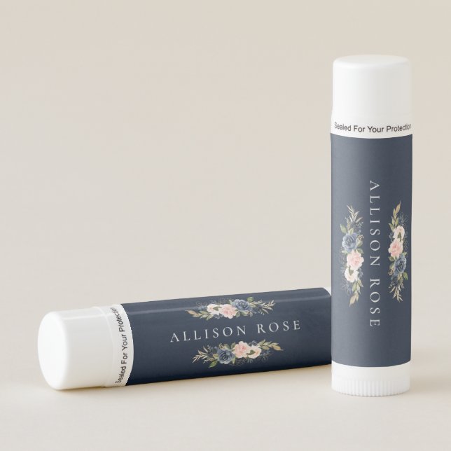 navy and blush floral label lip balm (Front)