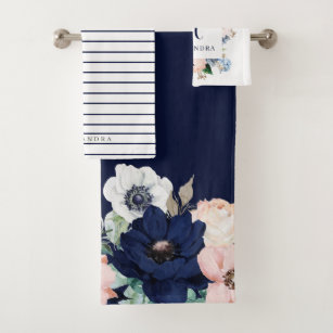 Navy and Blush Floral   Name and Monogram Bath Towel Set