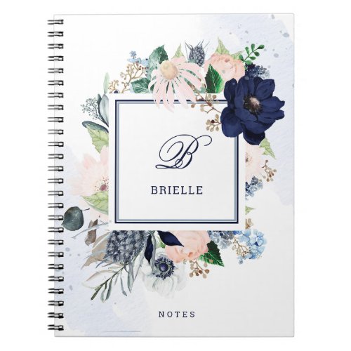 Navy and Blush Floral  Name and Monogram Notebook