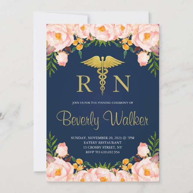 Navy And Blush Floral Nurse Pinning Ceremony Invitation (Front)