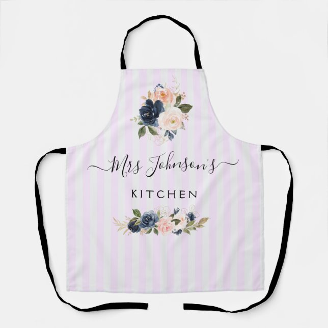 navy and blush floral personalized text Apron (Front)