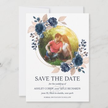 Navy And Blush Floral Save The Date Card by LangDesignShop at Zazzle