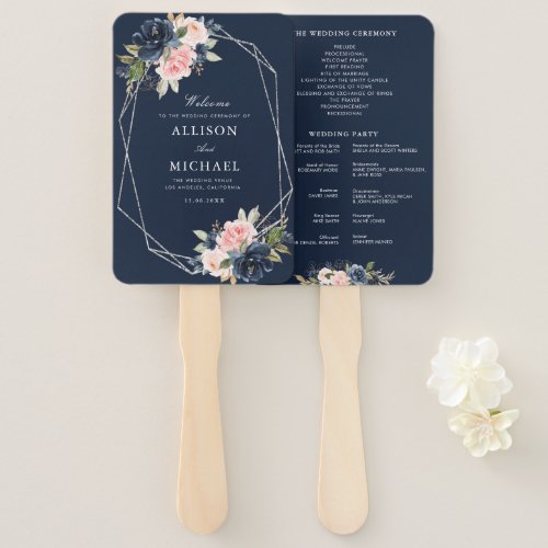 navy and blush floral silver frame hand fan