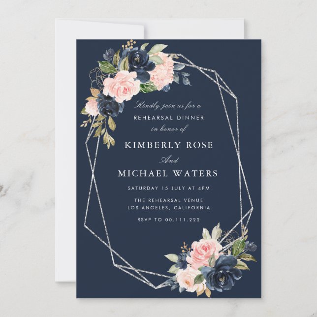 Navy and blush floral silver rehearsal dinner invitation (Front)
