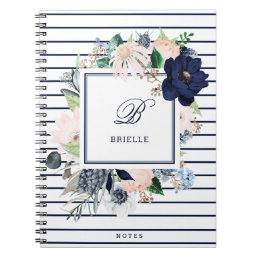 Navy and Blush Floral Stripe | Name and Monogram Notebook