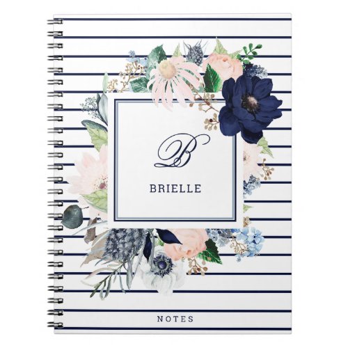 Navy and Blush Floral Stripe  Name and Monogram Notebook