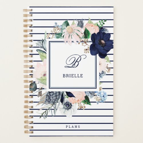 Navy and Blush Floral Stripes  Name and Monogram Planner