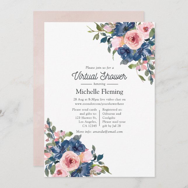 Navy and Blush Floral Virtual Baby Shower Invitation (Front/Back)
