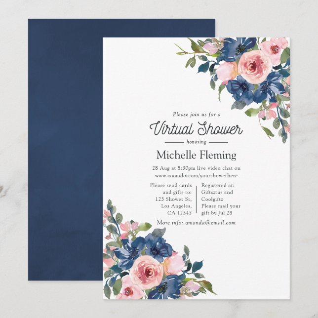 Navy and Blush Floral Virtual Baby Shower Invitation (Front/Back)