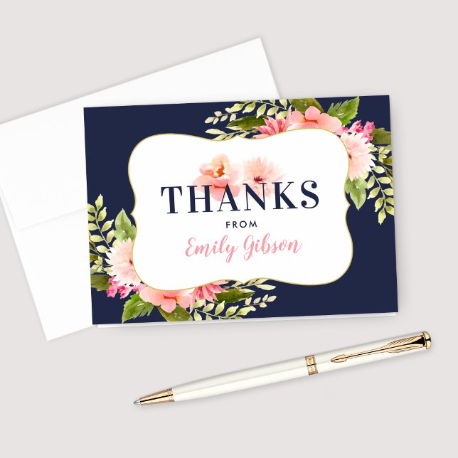 Navy and Blush Floral Watercolor Bridal Shower Thank You Card