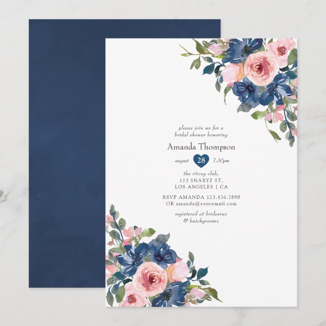 Navy and Blush Floral Wedding Bridal Shower Invitation (Front/Back)