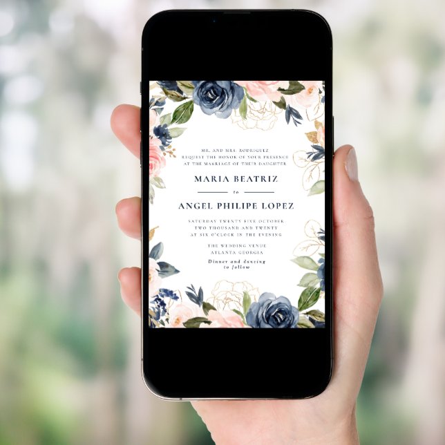 Navy and blush floral wedding invitation (Front Digital)