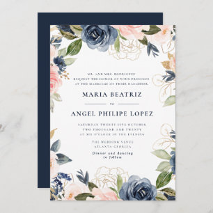 Navy and blush floral wedding invitation