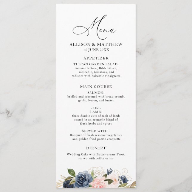 Navy and blush floral wedding menu (Front)