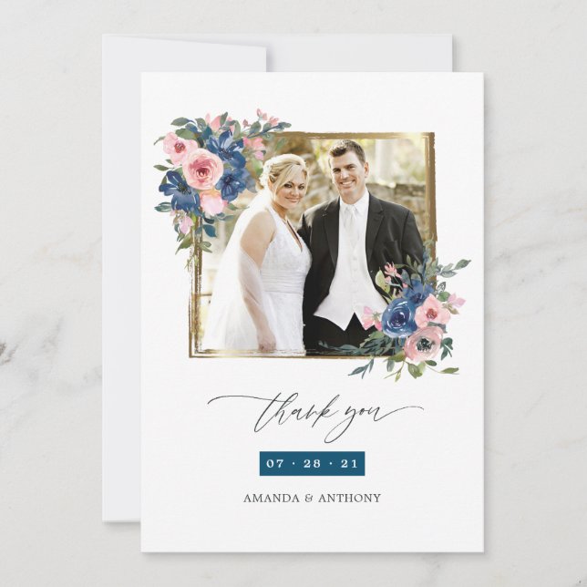 Navy and Blush Floral Wedding Photo Collage Thank You Card (Front)