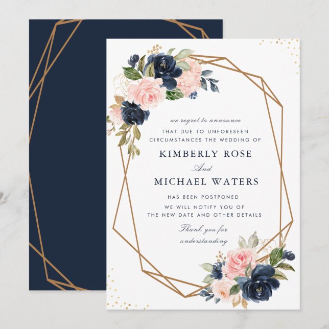 Navy and blush floral wedding postponement card (Front/Back)