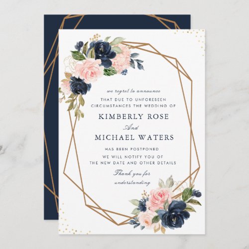 Navy and blush floral wedding postponement card