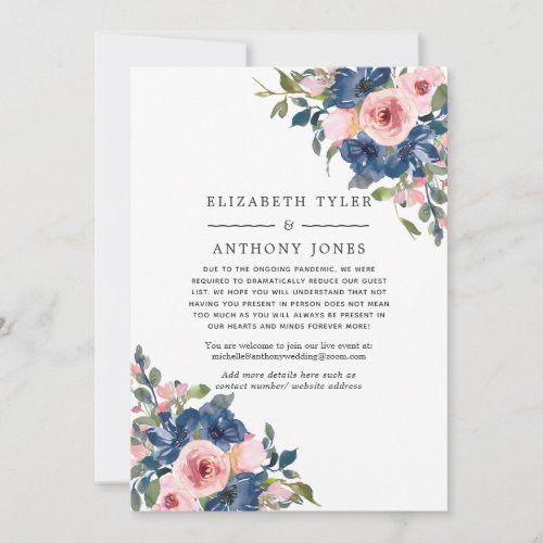 Navy and Blush Floral Wedding Reduced Guest List Announcement