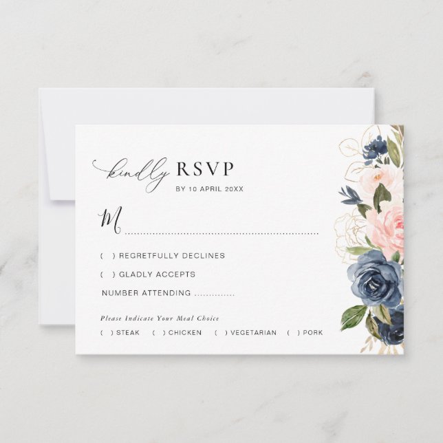 navy and blush floral wedding RSVP card (Front)