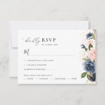 navy and blush floral wedding RSVP card