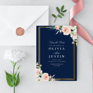 navy and blush floral wedding save the date card