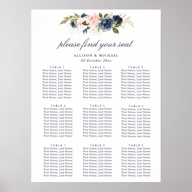 navy and blush floral wedding seating chart (Front)