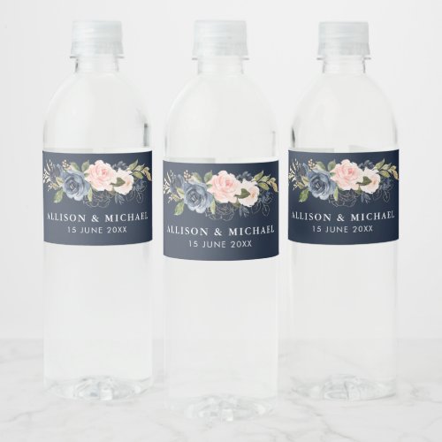 navy and blush floral wedding water bottle label