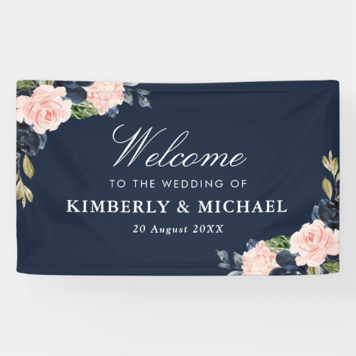 navy and blush floral welcome wedding banner