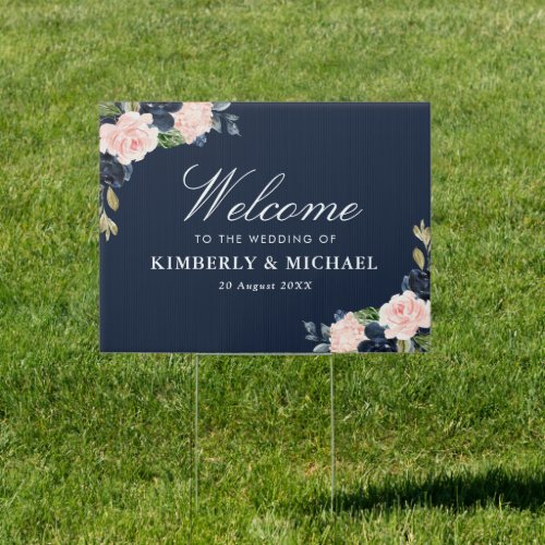 navy and blush floral welcome wedding  sign