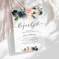 navy and blush flowers baby gender reveal invitation