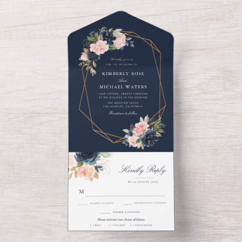 Navy and blush flowers geometric wedding all in one invitation