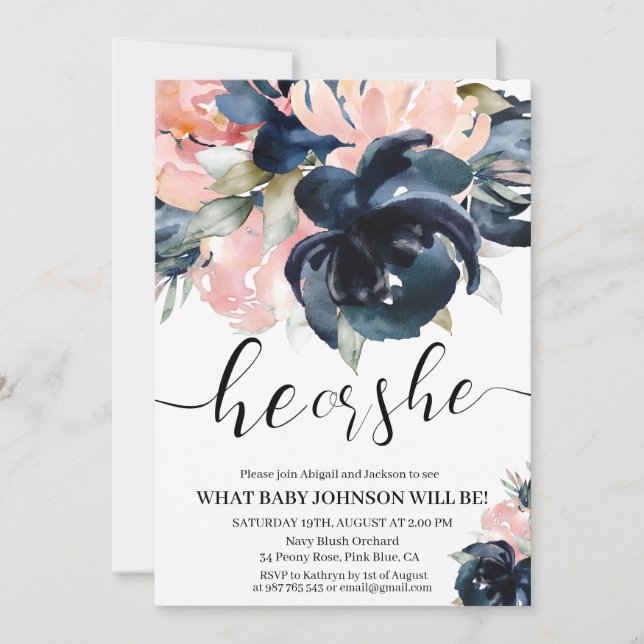 Navy and Blush gender reveal invitation. Invitatio Invitation (Front)