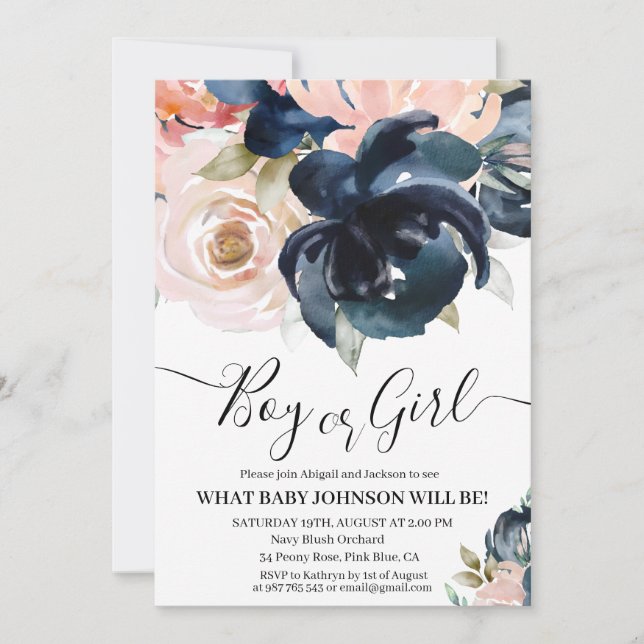 Navy and blush gender reveal invitation. invitatio invitation (Front)