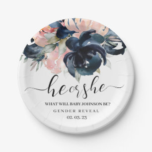 Navy and Blush gender reveal paper plates. Paper P Plates